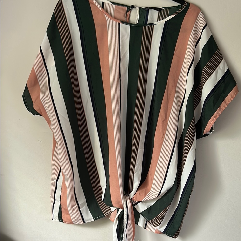 Green, Mauve, Black and White Dolman Sleeve Tie Front Blouse